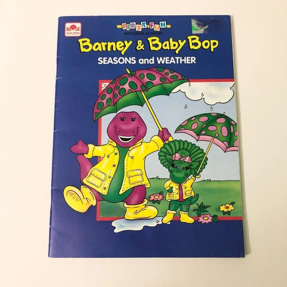 Vtg 1993 Golden  Book Barney Baby Bop Seasons and Weather Activity Coloring Book